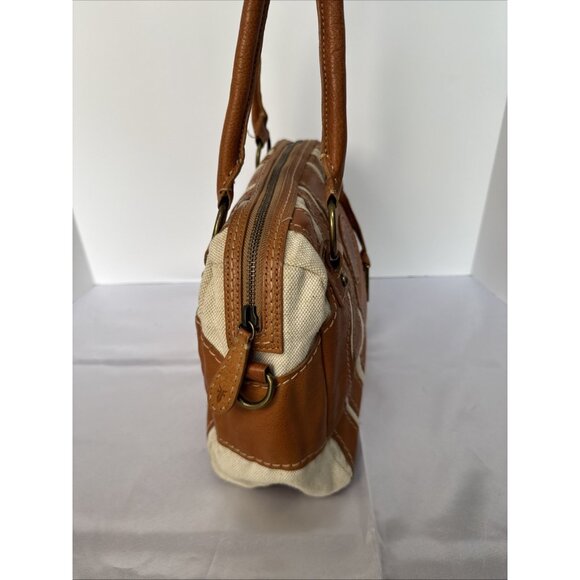 Frye Tan Leather & Canvas Mini Satchel Handbag With Double Handles & Zipper Clos - Picture 5 of 16